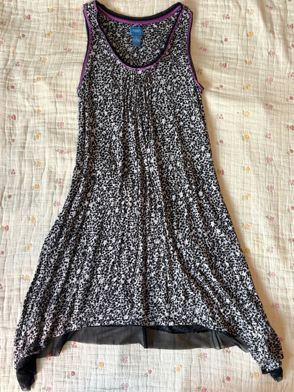 Vera Wang Vintage Sleeveless Black & White Leopard Print Tank Dress Purple Trim